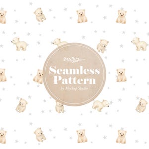 Puede incluir: Un patrón sin costuras con pequeñas ilustraciones de osos polares color crema dispersas sobre un fondo blanco con estrellas grises. Un gráfico circular en el centro dice "Seamless Pattern" y "by Mockup Studio".