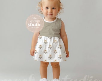 Adorable All Over Print Toddler Dress MOCKUP, Sleeveless Summer Dress Mockup for Kids, PSD smart Object, Kids Clothing Fashion Outfit Mockup