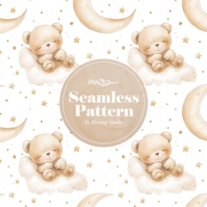 Modèle sans couture mignon ours en peluche et lune tons naturels, papier numérique pour enfants, adorable ours en peluche à imprimer, fond d'écran pour enfants