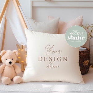 Coussin Maquette bohème, maquette de coussin pour chambre d'enfant, maquette d'objet intelligent PSD, maquette numérique de taie d'oreiller carrée