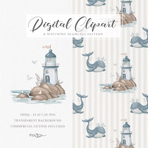 Clipart e motivo senza soluzione di continuità con faro nautico, decorazione per la stanza dei bambini, download digitale, carta digitale a tema oceano