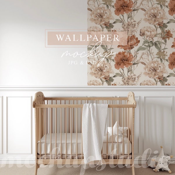 Nursery Digital Wall Paper PSD Mockup, Neutral Nursery Decor, Interior Design Display Tool, Minimalist Empty Wall Mock up