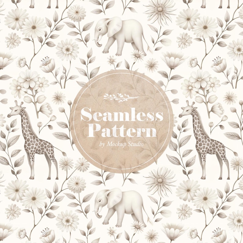 May include: A seamless pattern featuring a white background with brown leaves, flowers, giraffes, and elephants. The text "Seamless Pattern by Mockup Studio" is in the center of the pattern.