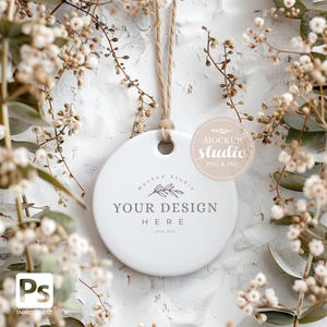 White Round Ceramic Ornament Mockup, PSD smart object Digital Download, Styled Stock Photo, Clean Design Display, Rustic Home Decor Mockup