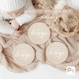 Maqueta de letrero de madera con hitos del bebé, rastreador de meses personalizable, producto digital, maqueta de letrero redondo para baby shower, accesorio para fotografía de recién nacidos