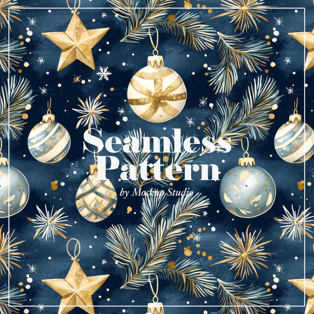 Christmas Ornament Seamless Pattern Digital Download, Navy Blue and ...