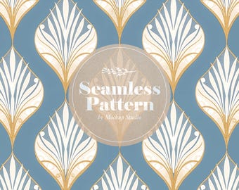 Patrón Art Déco sin costuras, azul y dorado, PNG de 12 x 12 (descarga digital)