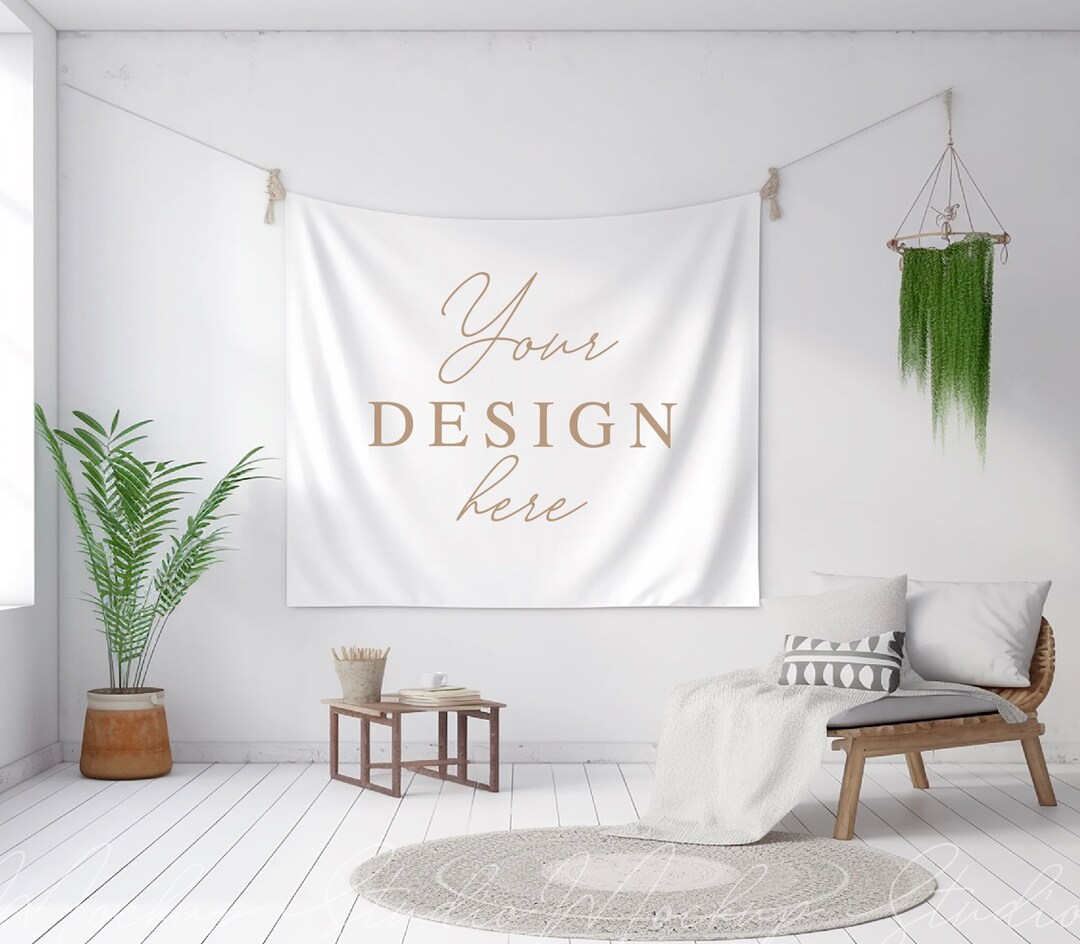 White Blank Tapestry Mockup, Clear Minimalist Tapestry Mockup, PSD