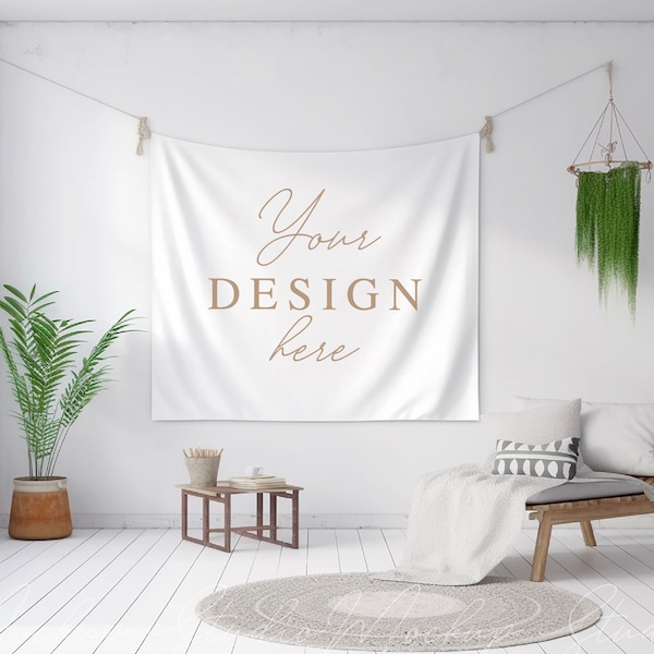 White Blank Tapestry Mock-up, Clear Minimalist Tapestry Mockup, PSD Smart Object Mockup, Boho Tapestry Mockup, Wall Tapestry Mockup