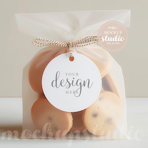 Mockup di tag di ringraziamento, espositore digitale per tag rotondo, modello di tag regalo, modello di tag per sacchetti di biscotti, espositore per prodotti, bomboniera, immagine di tag per feste