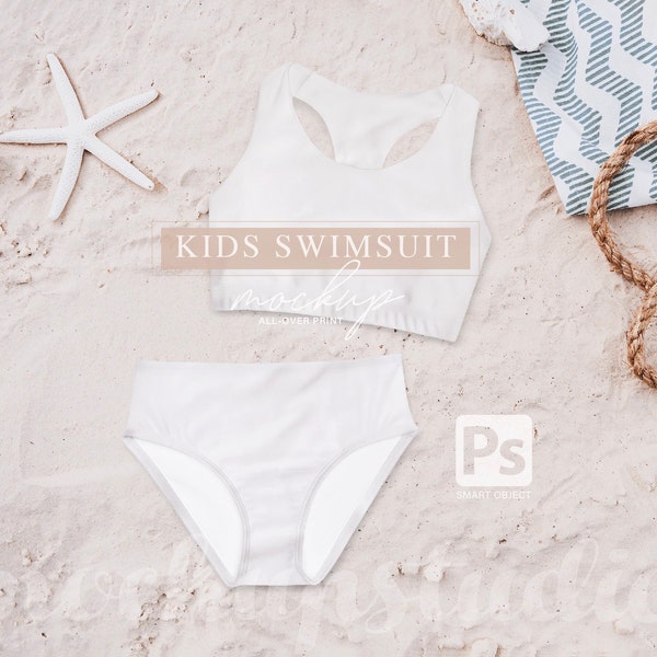 Kinderen witte tweedelige badmode mockup, digitale download, kinderbadpak display PSD mockup, sublimatie ontwerpsjabloon, zomerkleding