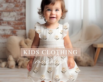 Baby Girl Dress Mockup, Realistic Kids Clothes Mockup, Girls Organza Dress Mockup, PSD smart Object, Children Clothing Mockup