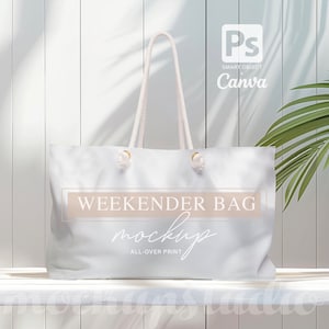 Weekender Bag MOCKUP, digitale Photoshop und Canva-Vorlage, bearbeitbares weißes Tote-Design, stilvolle Reisetasche PSD Mock-up