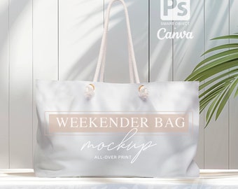 Weekender Bag MOCKUP, Digital Photoshop and Canva Template, Editable White Tote Design, Stylish Travel Bag PSD Mock-up