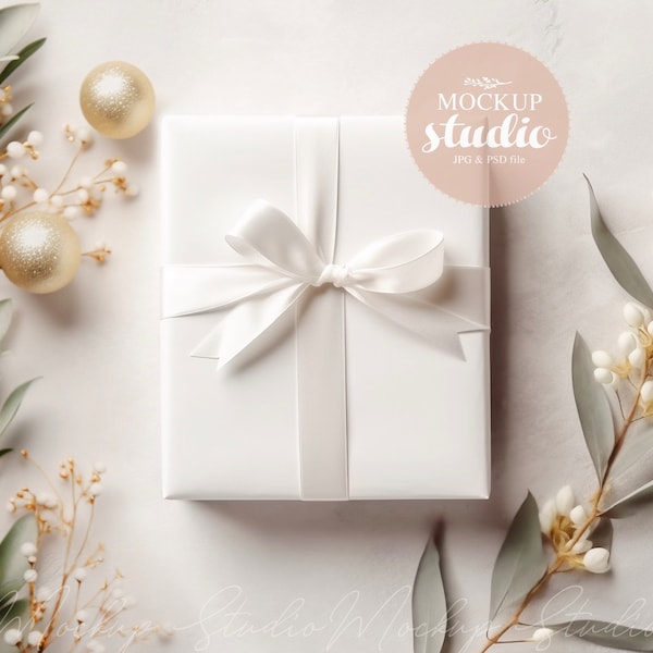 Christmas Wrapping Paper Mock-up, Gift Box with White Ribbon Mock-up Minimalist, Wrapped Present Mockup, PSD with smart object