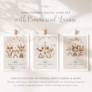 Modelos pré-fabricados para festas infantis com licença comercial para revenda, pacote de ilustrações com tema de floresta, crie seus cartões postais personalizados