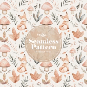 Woodland Creatures digitaal naadloos patroon, schattige vos en paddestoelen ontwerp, rustieke, op de natuur geïnspireerde achtergrond, commercieel gebruik