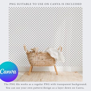 May include: A wicker basket with a white blanket and a brown teddy bear inside. The basket is on a light brown rug in front of a white wall with a checkered pattern.