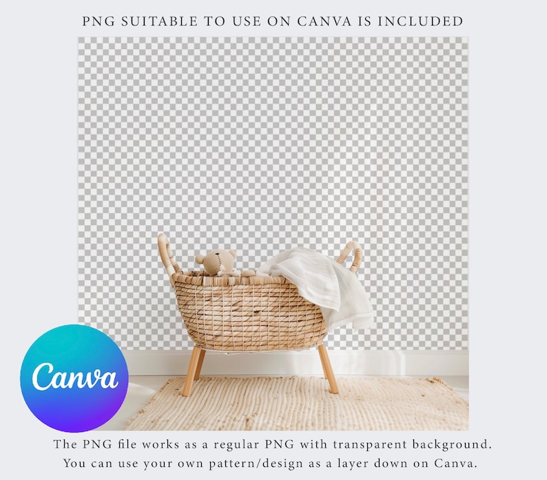 May include: A wicker basket with a white blanket and a brown teddy bear inside. The basket is on a light brown rug in front of a white wall with a checkered pattern.