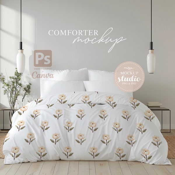 Boho Chic Comforter MOCKUP, White Duvet Cover Mock-Up, PSD Digital Bedding Template, Canva Compatible, Minimalist Bedroom Decor