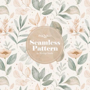 Aquarell tropische Blätter und Blumen Musterdesign, Salbei Grün & Beige Design, PNG Digital Download mit kommerzieller Lizenz