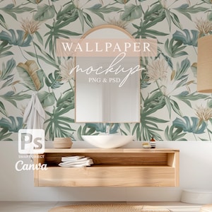 Wallpaper Digital MOCKUP, carta da parati minimalista per interni di bagni, oggetto intelligente PNG e PSD di Canva, carta da parati moderna Mock-up