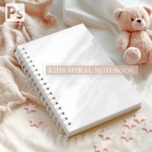 May include: White spiral notebook mockup on a white and pink background with a pink teddy bear and pink stars. The notebook has the text "KIDS SPIRAL NOTEBOOK" on the cover.