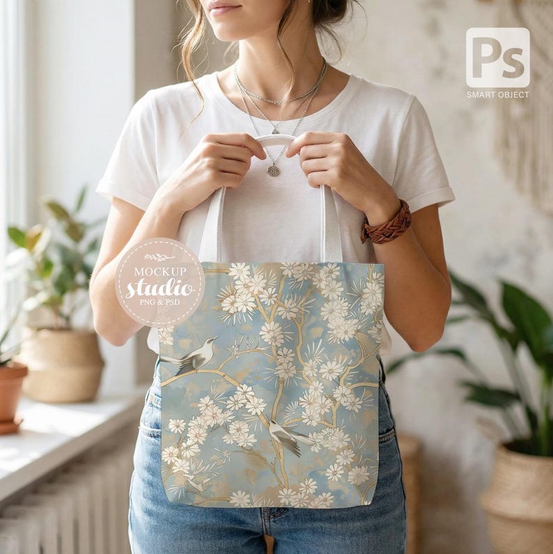 May include: A tote bag with a floral and bird design. The bag features a light blue background with white flowers and birds perched on branches. The bag is held by a person wearing a white t-shirt and blue jeans. The bag has the text "Mockup Studio" on it.
