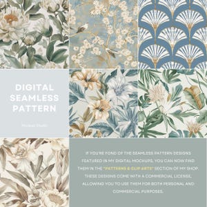 May include: Six digital seamless patterns:  Floral designs in muted greens, blues, and beige tones.  One features peonies, another cherry blossoms, a third has art deco fans, a fourth showcases tropical leaves, and the fifth and sixth show additional floral patterns. Text overlay reads 'DIGITAL SEAMLESS PATTERN', 'Mockup Studio', and details commercial licensing for personal and commercial use.