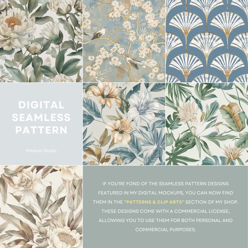 May include: Six digital seamless patterns:  Floral designs in muted greens, blues, and beige tones.  One features peonies, another cherry blossoms, a third has art deco fans, a fourth showcases tropical leaves, and the fifth and sixth show additional floral patterns. Text overlay reads 'DIGITAL SEAMLESS PATTERN', 'Mockup Studio', and details commercial licensing for personal and commercial use.