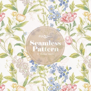 Florales Nahtloses Muster Digitaler Download, Vintage Botanische Tapete, Pastellblumenhintergrund zum Basteln