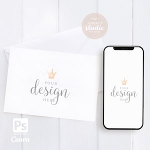 Mockup wenskaart en iPhone, witte achtergrond digitaal display, blanco kaartmodel voor ontwerpers, uitnodigingssjabloon