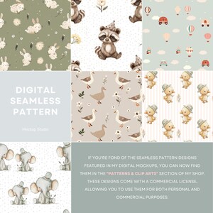 May include: A set of 10 digital seamless patterns featuring cute animal illustrations. The patterns include a raccoon, a duck, a bunny, an elephant, and a hot air balloon. The patterns are perfect for creating digital products like fabric, wallpaper, and wrapping paper.