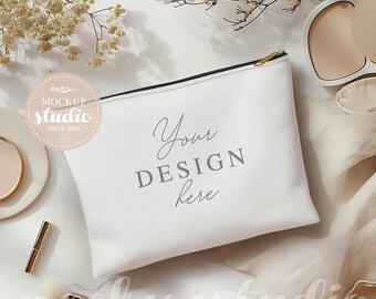 Elegant Makeup Pouch Mockup, Gold Zipper Cosmetic Bag PSD
