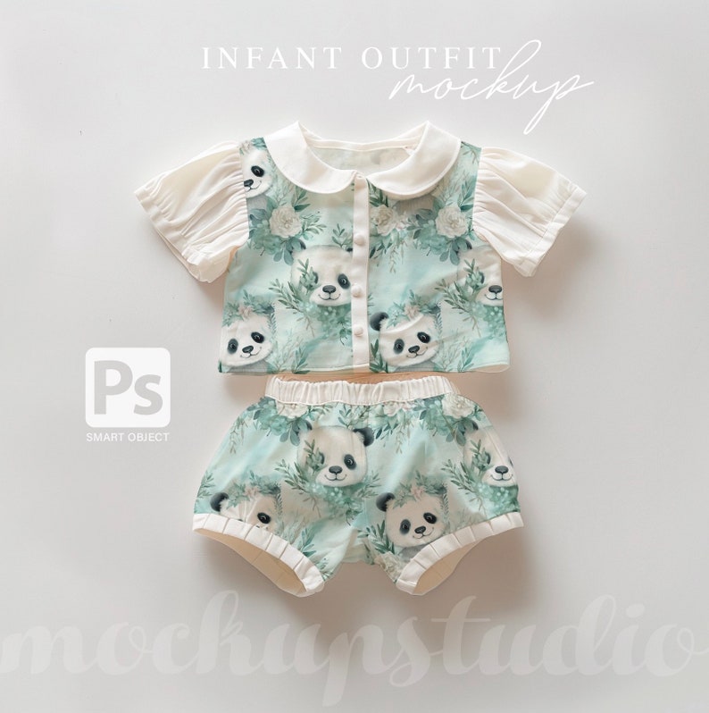 May include: A white infant outfit with a green and white panda print. The outfit includes a short-sleeved collared shirt and matching shorts. The text "INFANT OUTFIT MOCKUP" is at the top of the image.