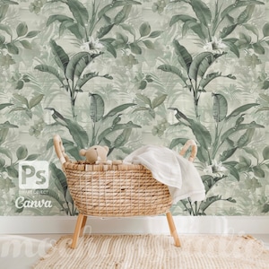 May include: A wicker basket with a white blanket and a teddy bear inside, set against a green and white tropical wallpaper with a repeating pattern of palm leaves and birds.