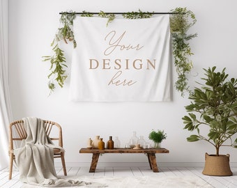Boho Wall Tapestry Mockup, PSD Smart Object (50x60in)