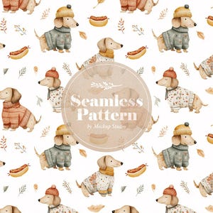 Könnte beinhalten: Nahtloses Muster mit Dackel-Hunden in Pullovern und Mützen, zusammen mit Hotdogs und Herbstblättern auf weißem Hintergrund. Der Text "Seamless Pattern" ist im Design enthalten.
