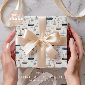 Gift Box Mockup, Gift Package Mock-up Minimalist, Clear Wrapping Paper Mock-up, Wrapped Present Mockup, PSD with smart object