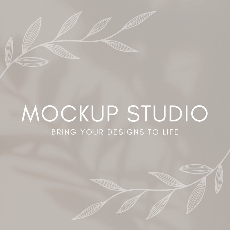 May include: A light gray background with a white floral design on the top and bottom. The text "MOCKUP STUDIO" is centered in the middle of the image, with the text "BRING YOUR DESIGNS TO LIFE" centered below it.