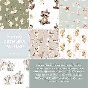 K&ouml;nnte beinhalten: Eine Sammlung digitaler nahtloser Muster mit Aquarellillustrationen. Designs umfassen Hasen, Waschb&auml;ren, Enten, G&auml;nse, Elefanten und Hei&szlig;luftballons. Die Muster sind in verschiedenen Farbpaletten erh&auml;ltlich.