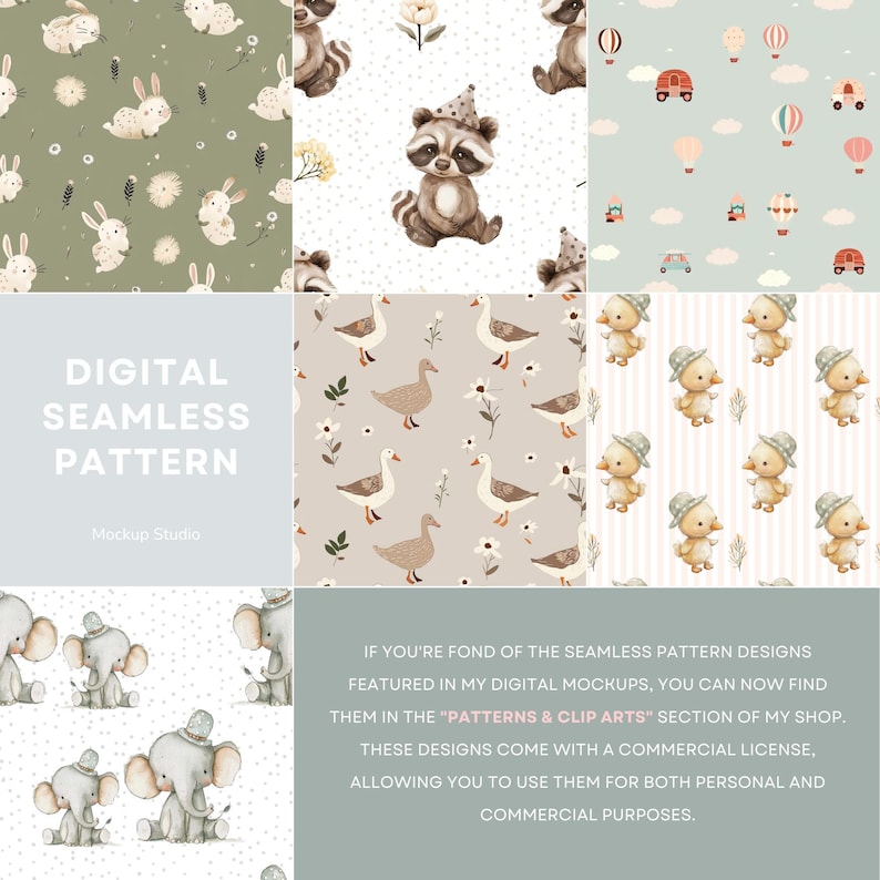 K&ouml;nnte beinhalten: Eine Sammlung digitaler nahtloser Muster mit Aquarellillustrationen. Designs umfassen Hasen, Waschb&auml;ren, Enten, G&auml;nse, Elefanten und Hei&szlig;luftballons. Die Muster sind in verschiedenen Farbpaletten erh&auml;ltlich.
