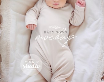 Baby Gown Mockup, Dye Sublimation Mock-up, PSD Smart Object Mockup, Neutral Gender Long Sleeve Baby Gown Mock, Newborn Knotted Gown Template