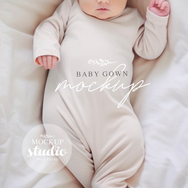 Baby Gown Mockup, Dye Sublimation Mock-up, PSD Smart Object Mockup, Neutral Gender Long Sleeve Baby Gown Mock, Newborn Knotted Gown Template