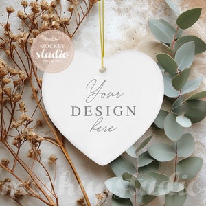 White Heart Ceramic Ornament PSD Mockup, Styled Stock Photo, Clean Design Display, White Blank Ceramic Ornament Mockup