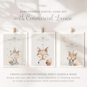 Adorable ensemble de cartes postales numériques avec licence commerciale, lot d'illustrations de bébé renard mignon, créez votre propre projet sur le thème de bébé