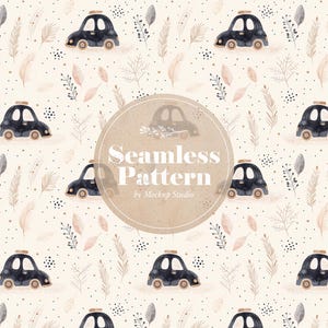 May include: A seamless pattern featuring black cars, brown branches, and small white dots on a beige background. The text "Seamless Pattern by Mockup Studio" is in the center of the pattern.
