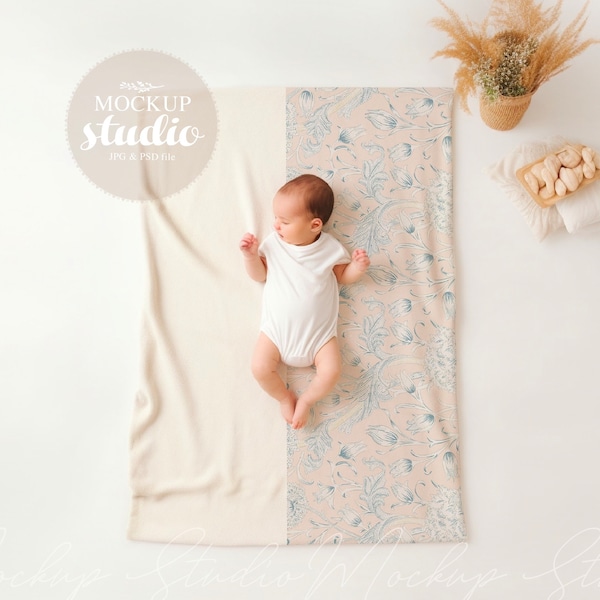 Smart Object Baby Blanket Mockup In PSD And Jpg Format - Minky Blanket Cream Tones Infant Mockup