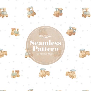 May include: A seamless pattern featuring watercolor illustrations of toy trains in shades of beige, blue, and orange, scattered across a white background with small gray stars. The design includes a circular logo with the text "Seamless Pattern" and "by Mockup Studio".