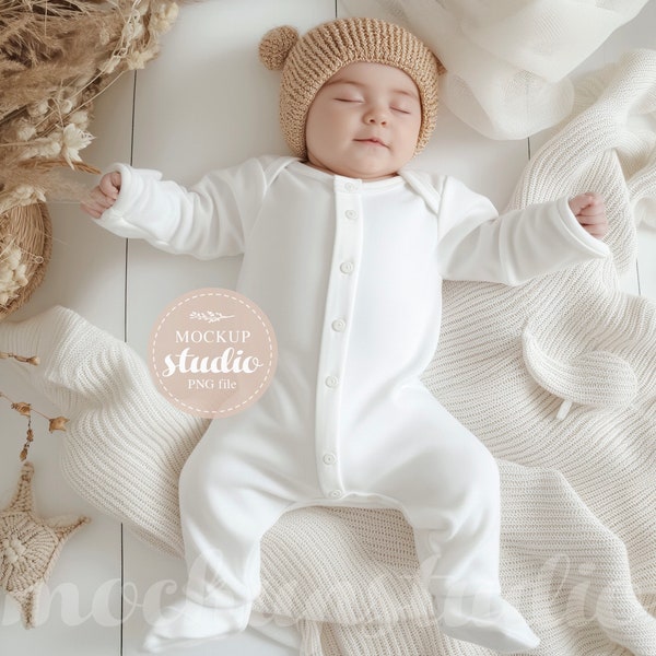 Newborn Photo Prop, Unisex Baby White Sleepsuit Mockup, Neutral Gender Long Sleeve Jumpsuit Mock-up, Buttoned Infant Bodysuit Template